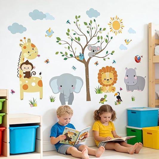 Animal Wall Stickers Decals for Kids: Baby Room Nursery Decor with Jungle Safari Theme Peel and Stick Removable Vinyl - Ages 0-12 Years