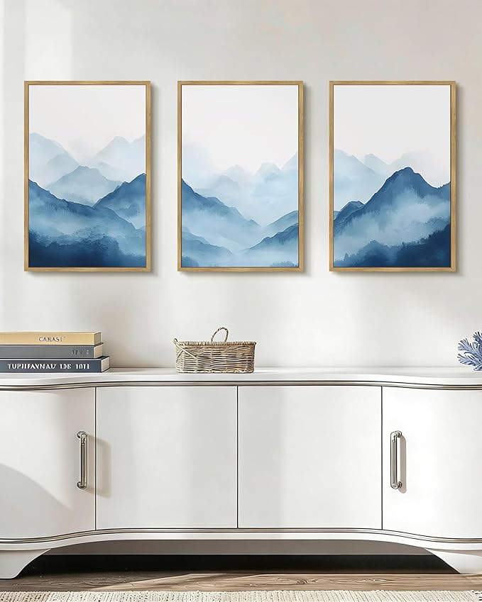 Drsoum Blue Fog Mountains Landscape Wall Art Framed Vintage Nature Misty Nordic Prints Ink Wash Watercolor Boho Farmhouse Rustic Artwork Hallway Bedroom Ready to Hang 16x24in Natural Framed