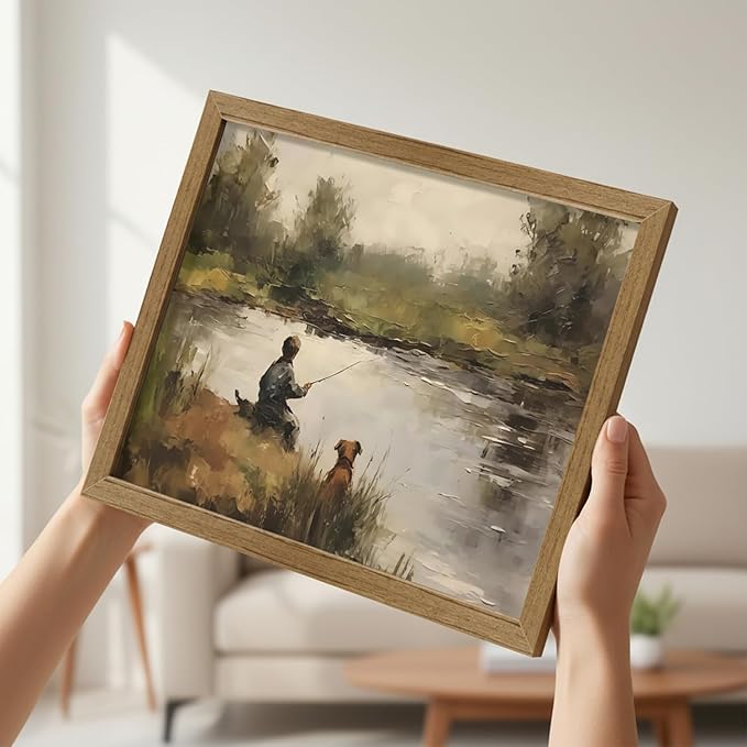 Vintage Fishing Wall Art Rustic Boy Dog Landscape Canvas Print Farmhouse Country Nursery Decor for Boys Bedroom Living Room 8x10inch Framed