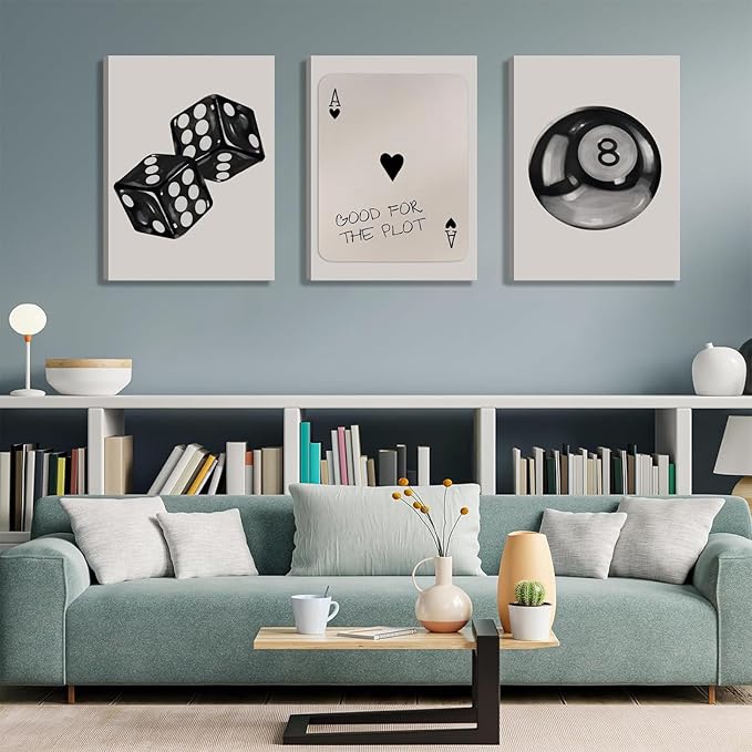 3Pcs Black and White Poker Dice Canvas Wall Art Funky Retro Y2K Trendy Preppy Pictures Lucky 8 Ball Poster Prints Artwork Painting for Game Room Apartment Dorm Aesthetic Decor 16x24in