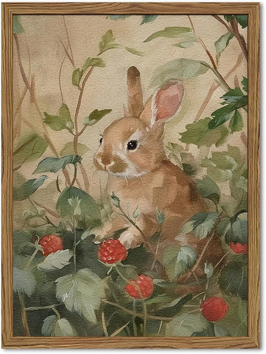Framed Vintage Rabbit Wall Art, Cute Bunny Pictures Wall Decor, 3D Textured Sandstone Rustic Animal Botanical Paintings Prints Cottagecore Home Decor for Living Room Bedroom Nursery 12x16 inch