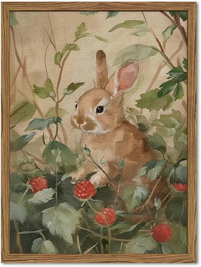 Framed Vintage Rabbit Wall Art, Cute Bunny Pictures Wall Decor, 3D Textured Sandstone Rustic Animal Botanical Paintings Prints Cottagecore Home Decor for Living Room Bedroom Nursery 16x24 inch