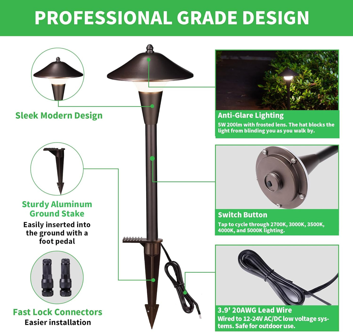 Outdoor Pathway Lights Wired 12V, 2700K/3000K/3500K/4000K/5000K Selectable Landscape Path Light LED, Waterproof Walkway Fixture Mushroom, ORB Aluminum for All Weather Garden Yard (8 Pack)