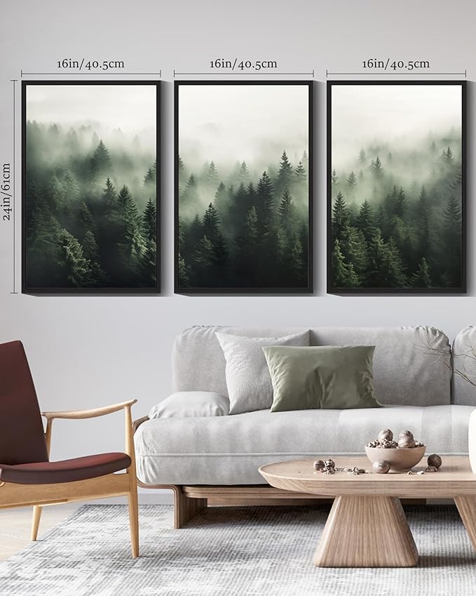 SHENIFY Green Fog Pine Tree Forest Canvas Wall Art Large 16x24in Framed Modern Artwork Prints Decor - Black Framed