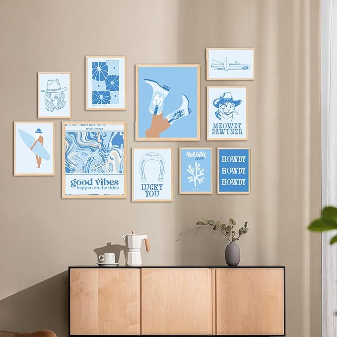 Aroutde 10Pcs Coastal Cowgirl Canvas Wall Art Print Light Blue Beachy Surfer Girl Posters Preppy Aesthetic Granddaughter Room Decor for Teen Girl Bedroom Dorm Apartment Decoration (Unframed)