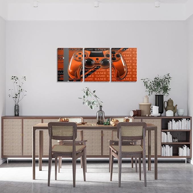 Feelyou Gamer Canvas Wall Art 12" x 16" 3 Piece Game Controller Office Wall Artwork Posters for Teens Adults Gaming Gifts Bathroom Wall Art for Home Gamepad Orange and Black Wall Painting
