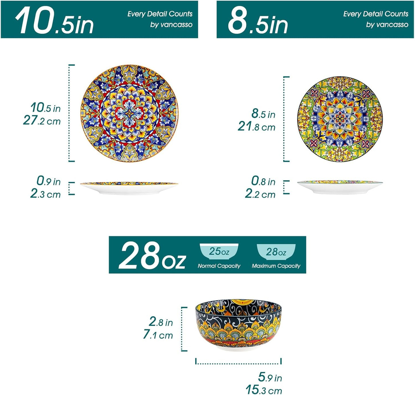 vancasso 12 Pieces Dinnerware Sets, Plates and Bowls Set, Porcelain Dishes Set for 4, Microwave and Dishwasher Safe, Scratch Resistant, Bohemian Style Dining Ware Service for 4, Series SIMI