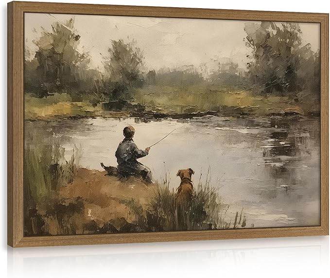 Clicyre Vintage Fishing Wall Art Canvas Print for Boys Room - Rustic Country Farmhouse Landscape, Boy with Dog Lake Pond Scenery, Cabin Lake House Decor for Bedroom Bathroom, Wood Framed 12x16 Inch