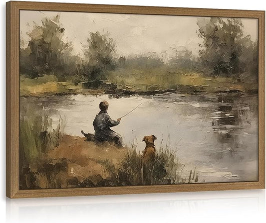 Clicyre Vintage Fishing Wall Art Canvas Print for Boys Room - Rustic Country Farmhouse Landscape, Boy with Dog Lake Pond Scenery, Cabin Lake House Decor for Bedroom Bathroom, Wood Framed 12x16 Inch