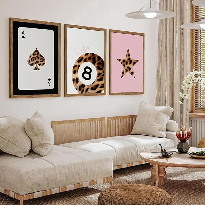 Pink and Black Leopard Wall Art, Lucky Girl 8 Ball Wall Decor Set of 3 Cheetah Lucky Star Poster Canvas Prints, Coquette Modern Teen Pictures for Bedroom Living Room 16x24 inch Framed