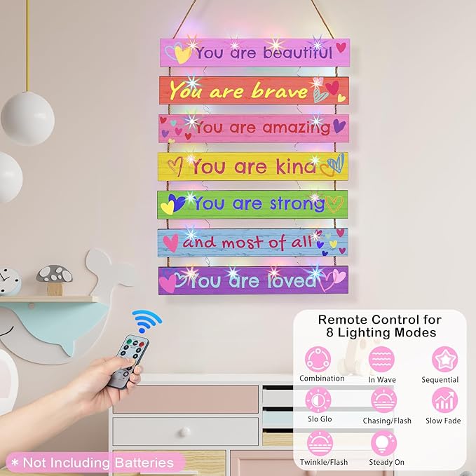FIOBEE Girls Room Décor for Teen Girls Boys with LED Light Wall Decor for Bedroom Motivational Inspirational Wall Art Room Decoration for Kids Studyroom, 8 Kinds of Lights, Colorful Love