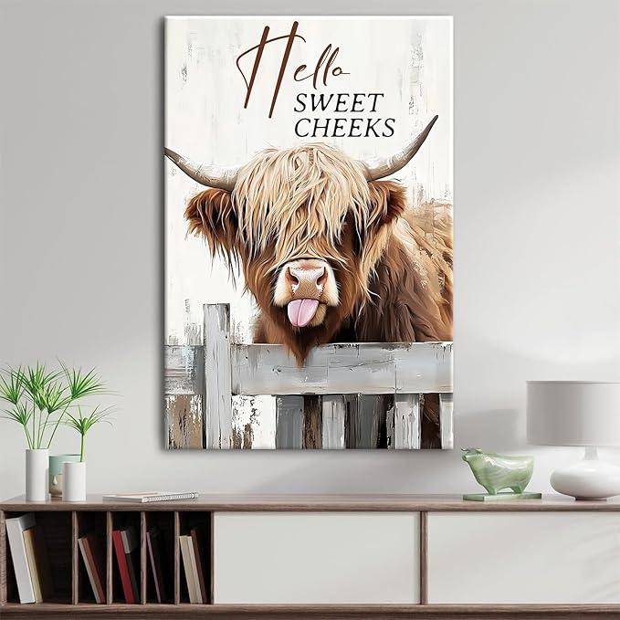 Farmhouse Cow Bathroom Wall Art Highland Cow Wall Decor Hello Sweet Cheeks Signs Prints Painting Longhorn Animal Pictures for Wall Rustic 24x36", Vintage Funny Cattle Poster Artwork Home Decorations
