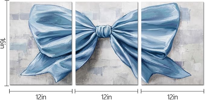 HOMEOART Bow Painting Canvas Print Bow Picture Bathroom Decor Bedroom Wall Decor 12x16inchx3Pieces Framed (Light Blue)