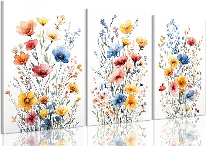 okudolit Colorful Wildflower Framed Canvas Wall Art Set Of 3 Flowers Pictures Prints Flowers Printing Floral Watercolors Flower wall Decor Living Room Bedroom Dinning Room Farmhouse Office-12x16in