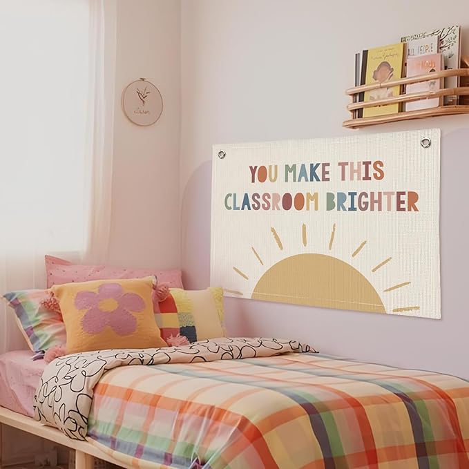 Boho Classroom Canvas Banner, Neutral Classroom Must Haves Wall Decor, Welcome Sign Back To School Linen Banner Flag Decor for School 20x30