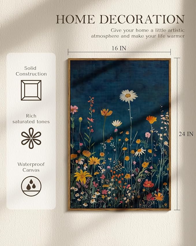 WHASAYART Botanical Floral Canvas Print 16x24 Framed Wildflower Wall Art, Rustic Dark Blue Colorful Flower Artwork, Vibrant Vintage Painting Living Room Kitchen Bedroom Hallway Home Decor