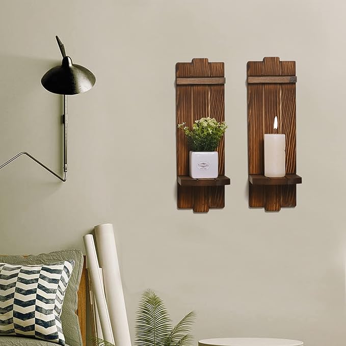 Sconces Wall Decor Set of 2, Wall Candle Holder Rustic Home Decor, Farmhouse Wall Art Floating Candle Sconces Shelf Wooden Wall Decorations for Living Room, Dining Room, Bedroom, Bathroom