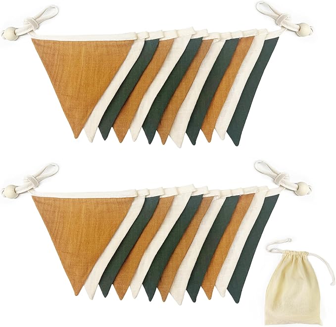 2 Sets of Green Yellow White Nursery Garland 24Pcs Retro Fabric Linen Pennant Banner Flags Triangle Streamers for Baby Playroom Decor Kids Woodland Camping Birthday Baby Shower Boho Party Decorations