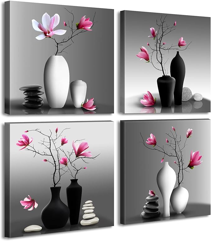 DJSYLIFE Modern Bathroom Pictures Wall Decor Zen Flowers Paintings Canvas Decorations Black and White Wall Art for Bedroom Living Room Home