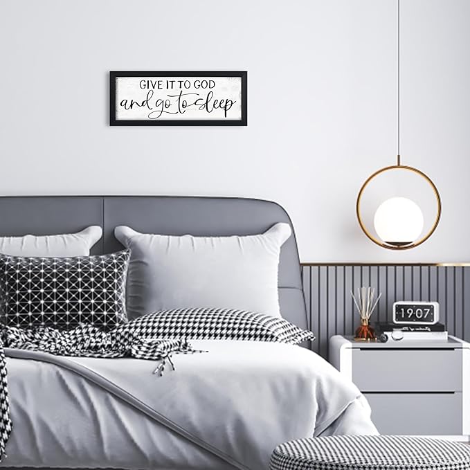 Give It To God And Go To Sleep Sign: Wall Decor Farmhouse For Home Decor Bedroom Framed Above Bed Rustic Country Master Wall Art Decor 6" x 14.5"