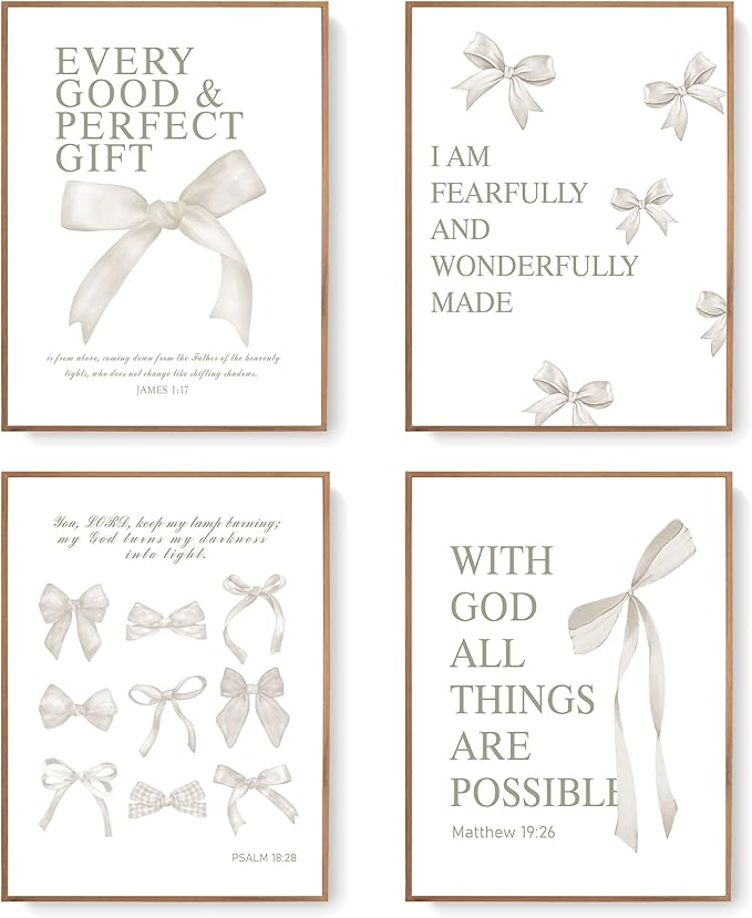LARTSFRO Coquette Beige Bow Wall Art Decor Posters, Beige Bow Christian Room Bedroom Bathroom Dorm Wall Art Decor Aesthetic for College Teen Girls Gifts, Inspirational Bible Verses Bow Wall Decor, 12x16 Inch Set of 4 Pcs Bow Pictures (UNFRAMED)