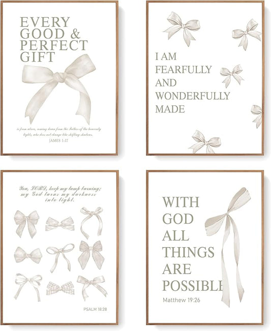 LARTSFRO Coquette Beige Bow Wall Art Decor Posters, Beige Bow Christian Room Bedroom Bathroom Dorm Wall Art Decor Aesthetic for College Teen Girls Gifts, Inspirational Bible Verses Bow Wall Decor, 12x16 Inch Set of 4 Pcs Bow Pictures (UNFRAMED)