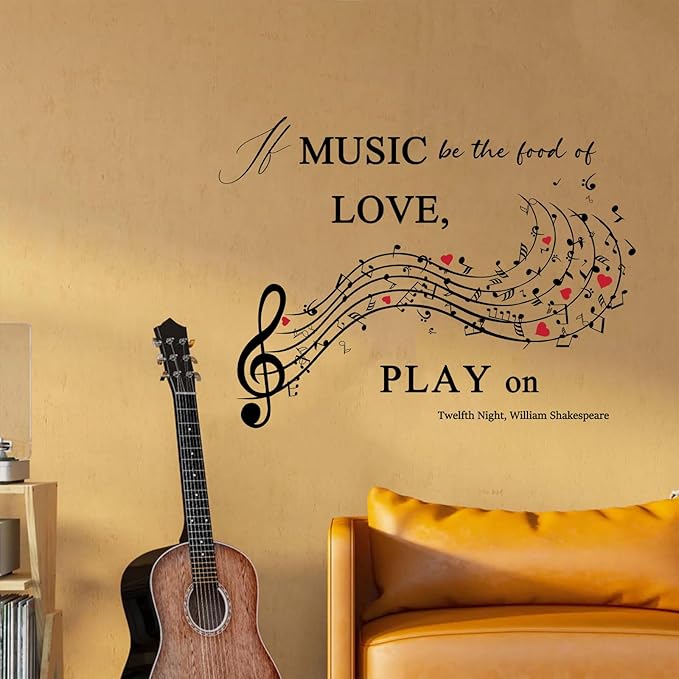 Music Quote Wall Decal,If Music Be The Food of Love Wall Sticker,Shakespeare Quote with Musical Notes for Home,Studio or Classroom