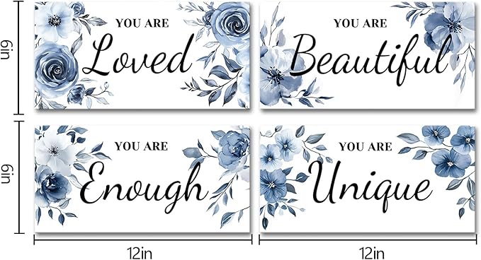 HOMEOART 4 Piece Framed Inspiration Floral Wall Decor Positive Saying Word Art Pictures Farmhouse Bathroom Wall Decor Painting Woman Teen Girl Room Sign, Framed 6x12inchx4pcs (Blue)