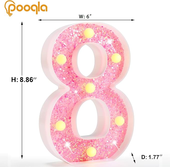 Pooqla Marquee Numbers, Pink Light Up Numbers for Girls 8th 18th Birthday, Battery Powered Glitter Number Night Light Gift for Christmas Bedroom Dorm Classroom Party Decoration, Pink Number 8