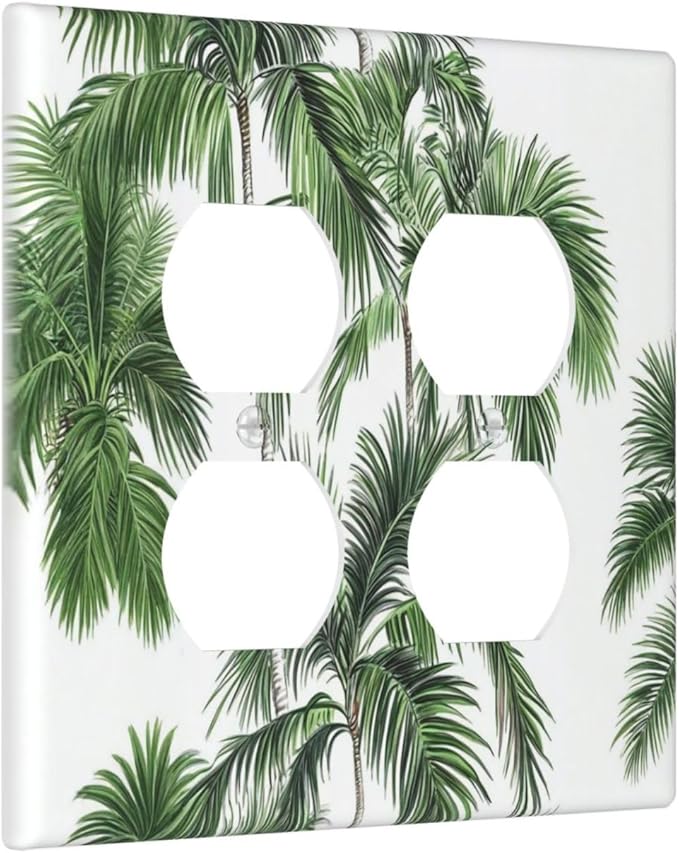 Outlet Covers Palm Trees Tropical Green Plant Palm Leaf 2 Gang Double Duplex Decorative Light Switch Covers Electrical Wallplates Socket Faceplate For Bed Room Bathroom Decor