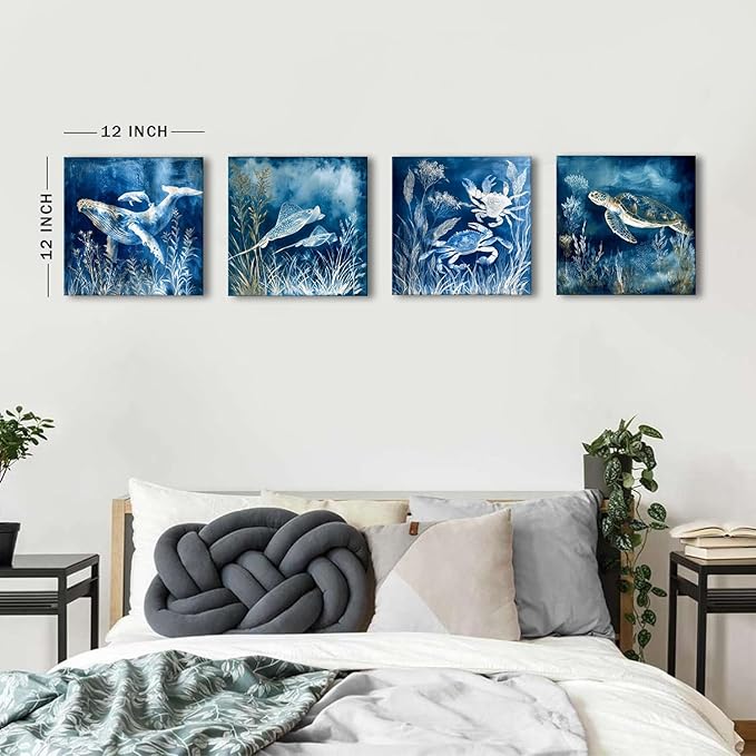 Ocean Animal Canvas Wall Art Navy Blue Coastal Bathroom Decor Sea Turtle Dolphin Whale Crab Pictures Wall Decor Under The Sea Marine Life Posters Beach House Living Room Bedroom Decoration 12x12” 4Pcs