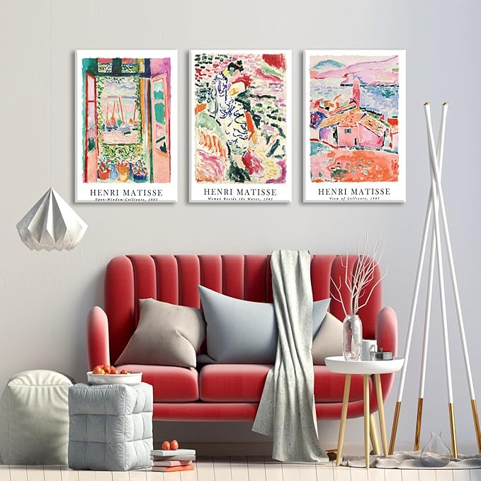 LYPHNX Framed Henri Mattise Canvas Wall Art Colorful Abstract Prints Poster Set of 3 Vintage Aesthetic Painting Picuter Floral Botanical Home Decor for LIving Room Bedroom Girls Room 12"x16"