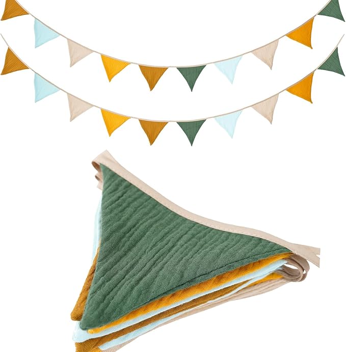 19.6ft Bunting Banner Triangle Flags Fabric, Garland Bunting Flag Banners for Birthday Wedding Shower Party Supplies Classroom Nursery Playroom Decor (Brown yellow 2PCS)