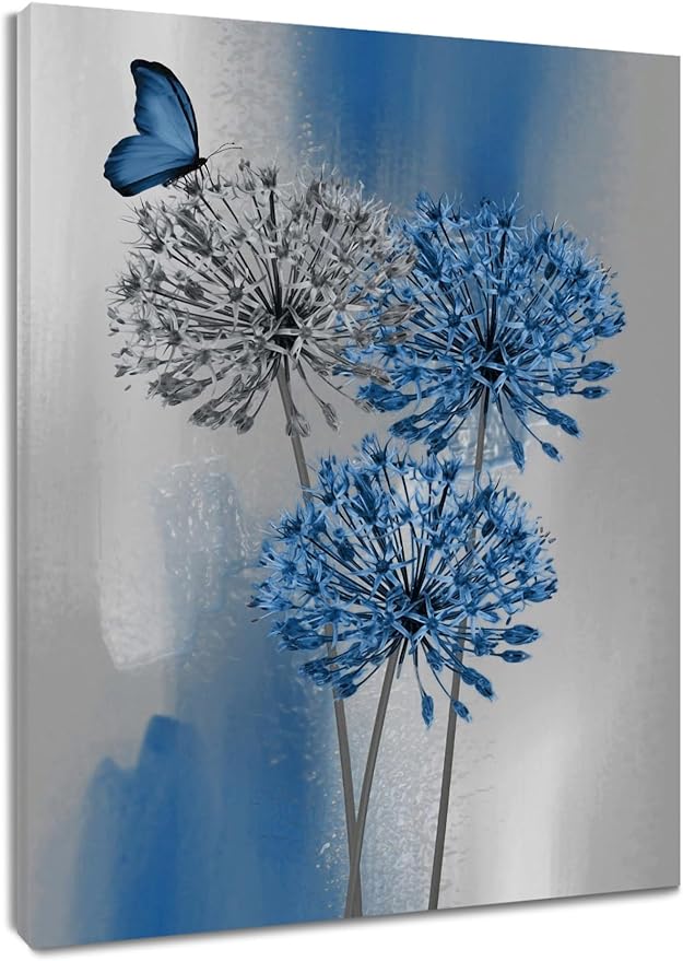 LB Blue Dandelion Wall Art Blue Grey Dandelion with Butterfly Canvas Wall Art Modern Abstract Wall Art Decor for Living Room Bedroom Bathroom Office Framed Ready to Hang 10L x 8W