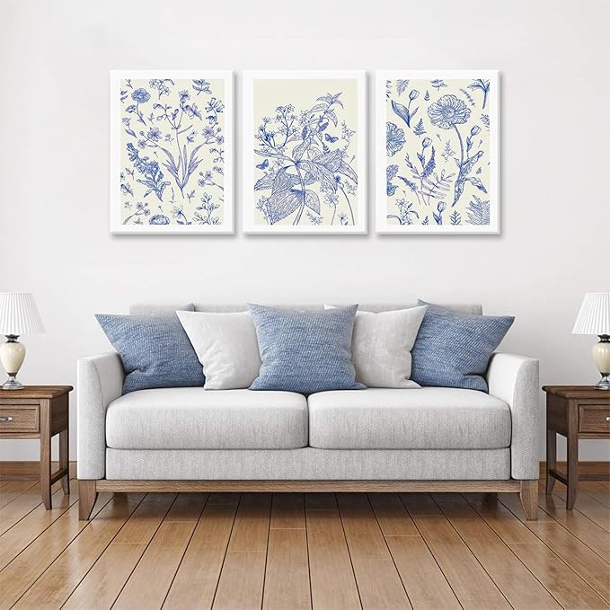 LYPHNX Framed Blue White Chinoiserie Floral Canvas Wall Art Navy Watercolor Flower Painting Posters Set of 3 Minimalist Botanical Wildflower Prints Picture Home Decor for Bedroom Living room 16"x24"