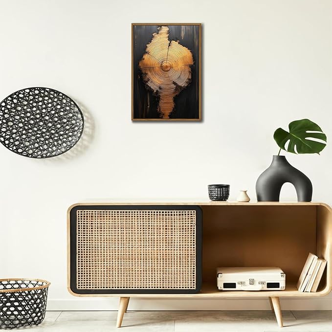 IBHJSART Framed Tree Ring Canvas Wall Art Black And Gold Wall Art Painting Prints Modern Minimalist Pictures Neutral Nature Rustic Farmhouse Decor Living Room Bedroom Bathroom Office