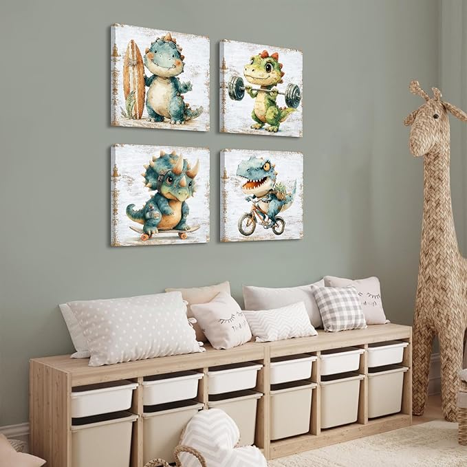 Cute Dinosaur Wall Art Kids Room Decor Cartoon Sport Dino Canvas Pictures for Nursery Baby Boys Girls Bedroom Decor Dinosaur Bike Surfboard Weights Posters Artwork Toddler Home Decorations 12x12” 4Pcs