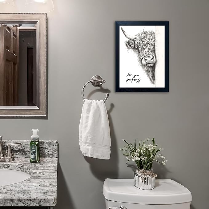 Funny Highland Cow Bathroom Wall Art - Rustic Farmhouse Wall Decor with Humorous Are You Pooping Canvas Print, Cute Animal Canvas Art for Restroom - Black Framed Cow Pictures Wall Decor Ready to Hang 12"x16"