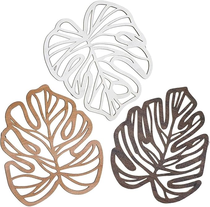 Palm Leaves Wood Wall Decor , 3Pcs Tropical Wall Art Jungle Decor, Wooden Natural Leaves Plant Wall Decor, Vintage Tropical Plant Plaque for Home Living Room Kitchen Bedroom Bathroom & Garden, Vintage Brown