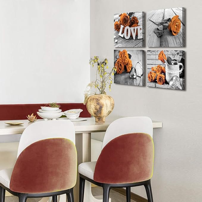 Burnt Orange Wall Art Retro Orange Flower Wall Decor for Bedroom Bathroom Rose Love Sign Canvas Print Pictures Romantic Floral Painting Modern Artwork Wood Grain Background Home Decoration 16x16” 4Pcs