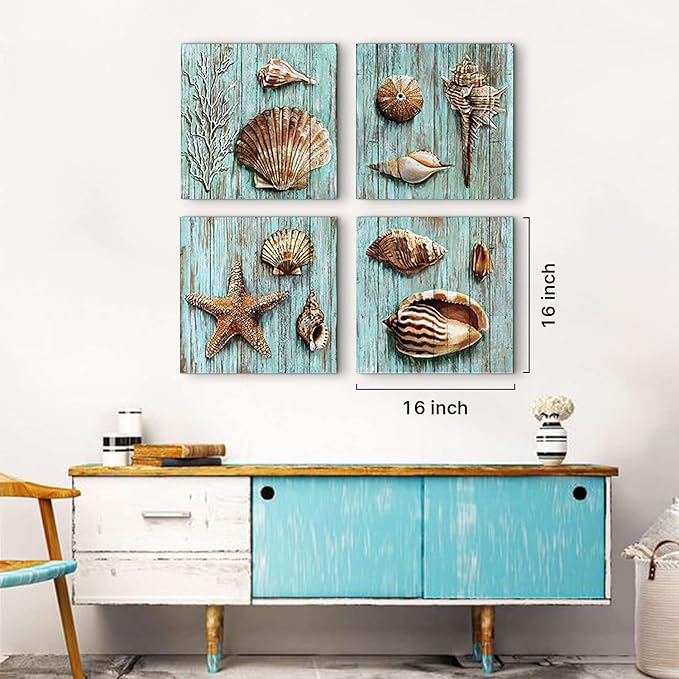 Teal Shells Wall Art Home Decor for Bathroom Shell Conch Framed Canvas Prints Cyan Sea Ocean Blue Plank Marine Life Coral Starfish Paintings Pictures Living Room Homes Decoration Set 4 Piece 24x24