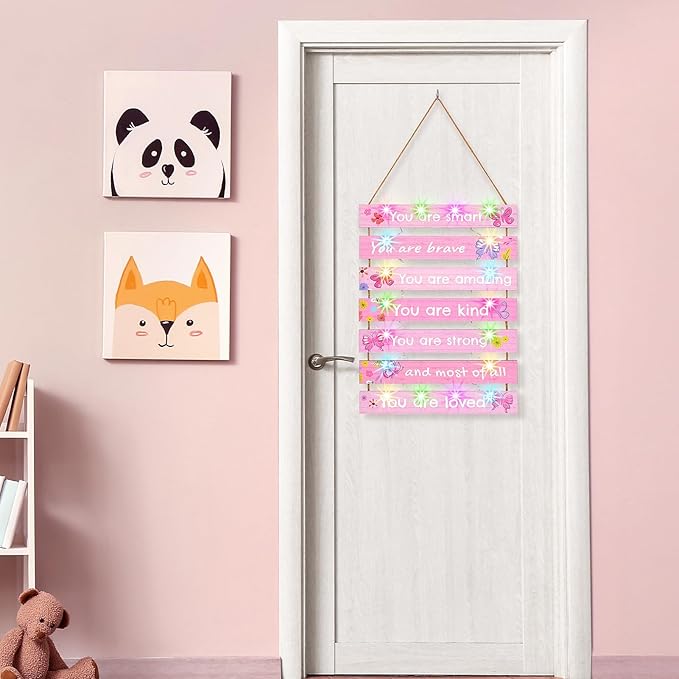 FIOBEE Girls Room Décor for Teen Girls Boys with LED Light Wall Decor for Bedroom Motivational Inspirational Wall Art Room Decoration for Kids Studyroom, 8 Kinds of Lights, Light Pink Butterfly