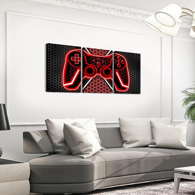 Feelyou Green and Black Picture Wall Decor 12" x 16" 3 Piece Gamer Canvas Wall Art for Living Room Bedroom for Kids Game Controller Bathroom Wall Art Honeycomb Wall Painting