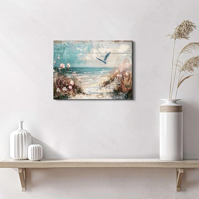 Beach Wall Art Coastal Bathroom Decor Nature Ocean Landscape Pictures Nautical Seagull Seaside Flowers Canvas Prints Vintage Modern Seascape Artwork for Bedroom Living Room Home Decoration 12x16"
