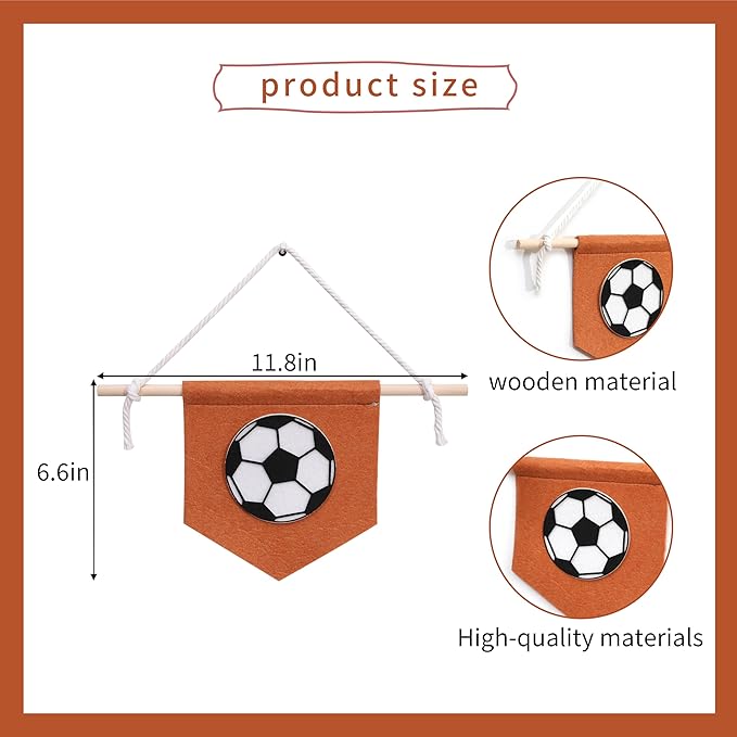 Sports Pennant Wall Hanging, Felt Basketball Football Soccer Wall Art, 11.8x6.6 Inches, Wooden Stick, Kids Room Decor (Football Wall Art) (Soccer Banner)