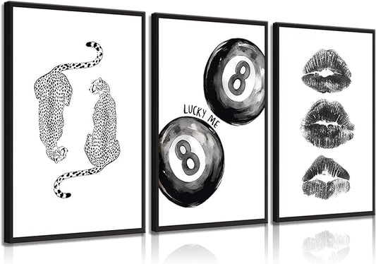BOKPEN Trendy Black and White Leopard Canvas Wall Art,Funky Y2k Lucky 8 Ball Posters,Retro Kiss Lips Print Picture,Cheetah Prints Aesthetic for Girls Room College Dorm Home Decor (12x16in Unframed)