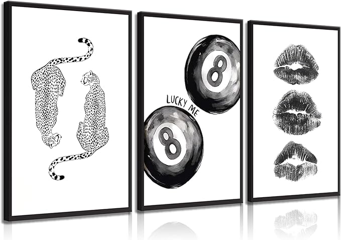 BOKPEN Trendy Black and White Leopard Canvas Wall Art,Funky Y2k Lucky 8 Ball Posters,Retro Kiss Lips Print Picture,Cheetah Prints Aesthetic for Girls Room College Dorm Home Decor (16x24in Unframed)