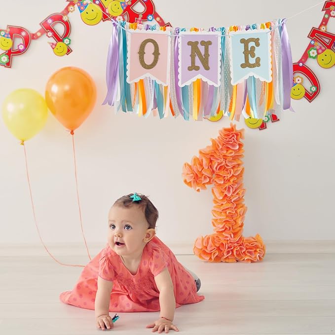 Rainbow High Chair Banner for 1st Birthday - Macaron Color "ONE" Garland with Tulle for Baby Girl Smash Cake Photo, First Birthday Party Decorations