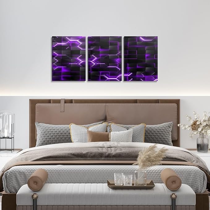 Feelyou Purple and Black Picture Wall Decor 12"x16" 3 Piece Honeycomb Canvas Wall Art Decor Hexagon Theme Office Decorations Artwork Posters Geometrical Beehive Painting