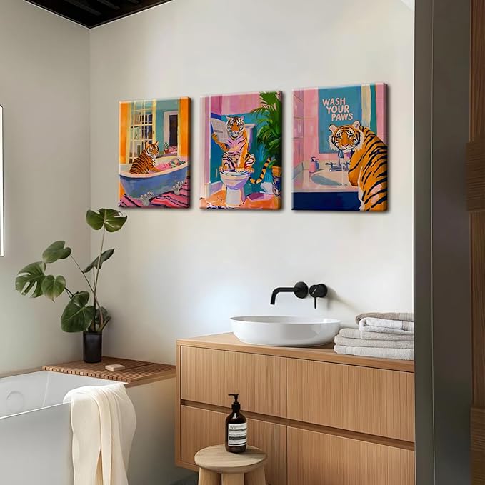 Funny Tiger Bathroom Wall Art Set of 3 Whimsical Tiger in Bathtub Canvas Wall Decor Painting Maximalist Animal Bathroom Poster Print Aesthetic 16x24 inch Framed